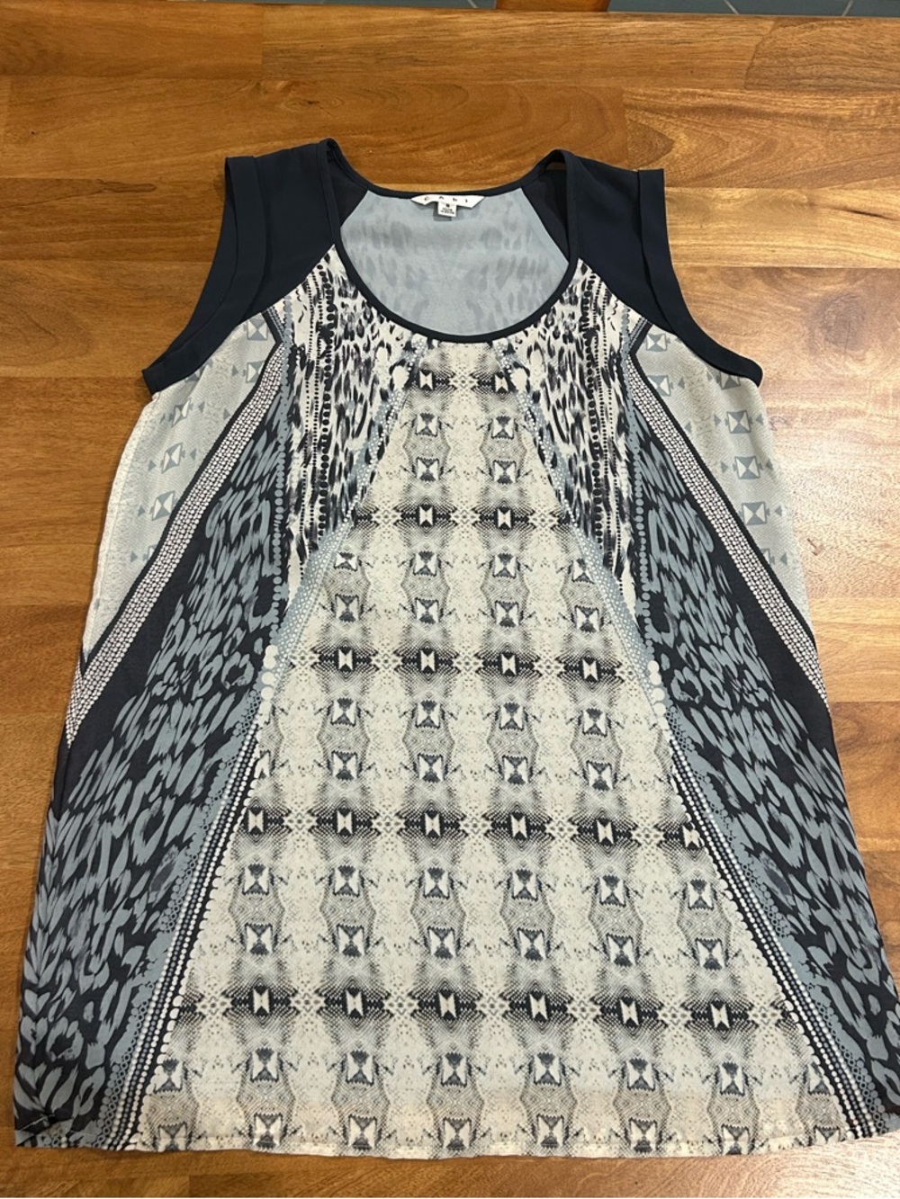 CAbi Navy and Gray Printed Sleeveless Sheer Lined Tank Size Small